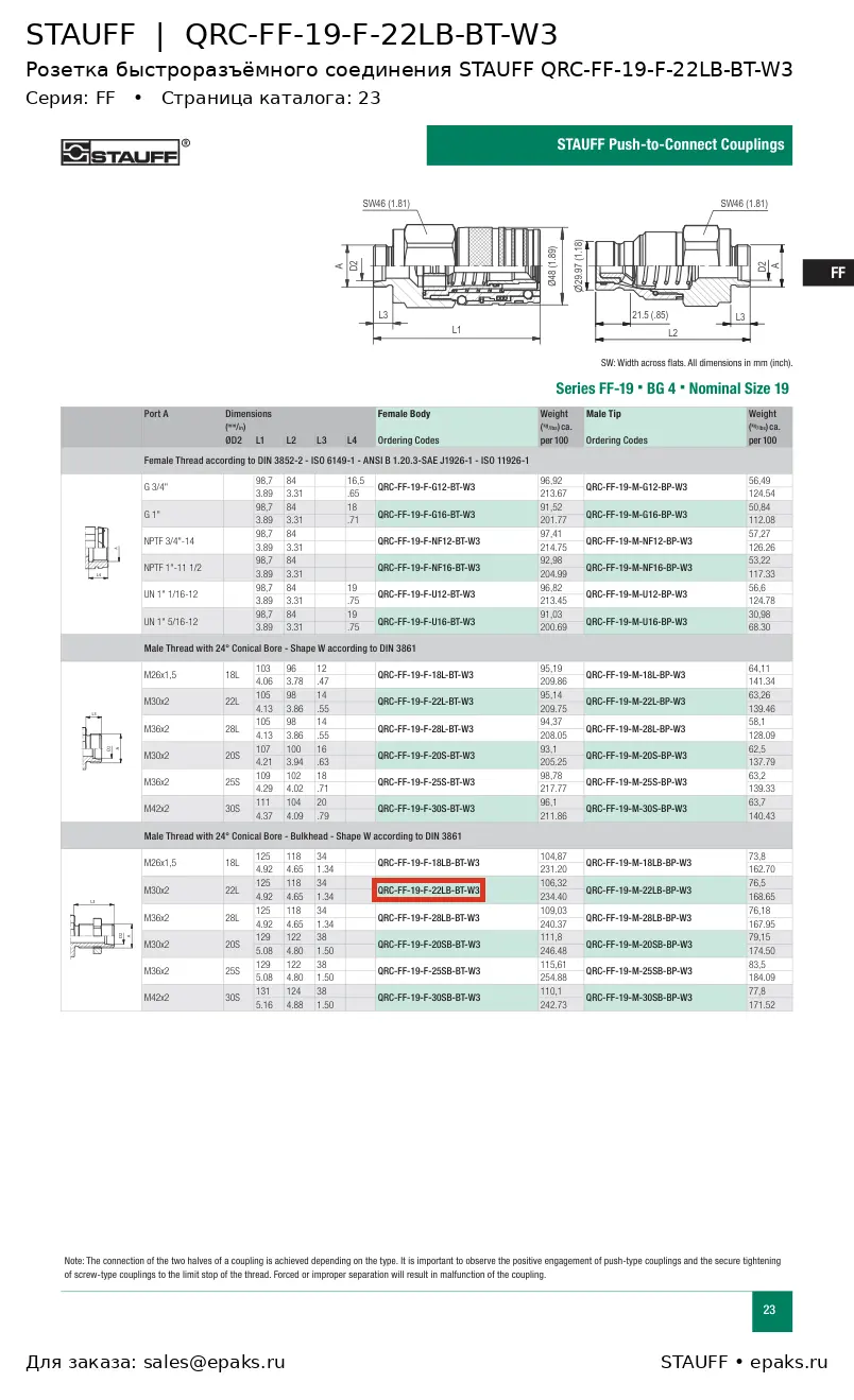 STAUFF QRC-FF-19-F-22LB-BT-W3