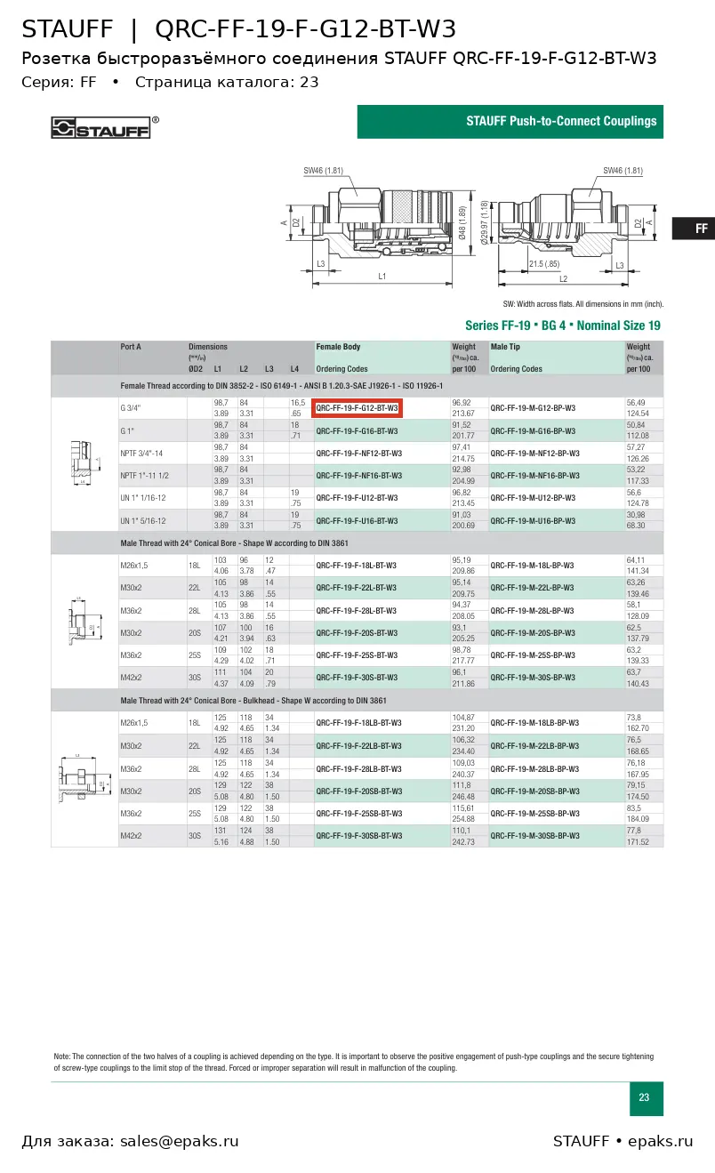 STAUFF QRC-FF-19-F-G12-BT-W3