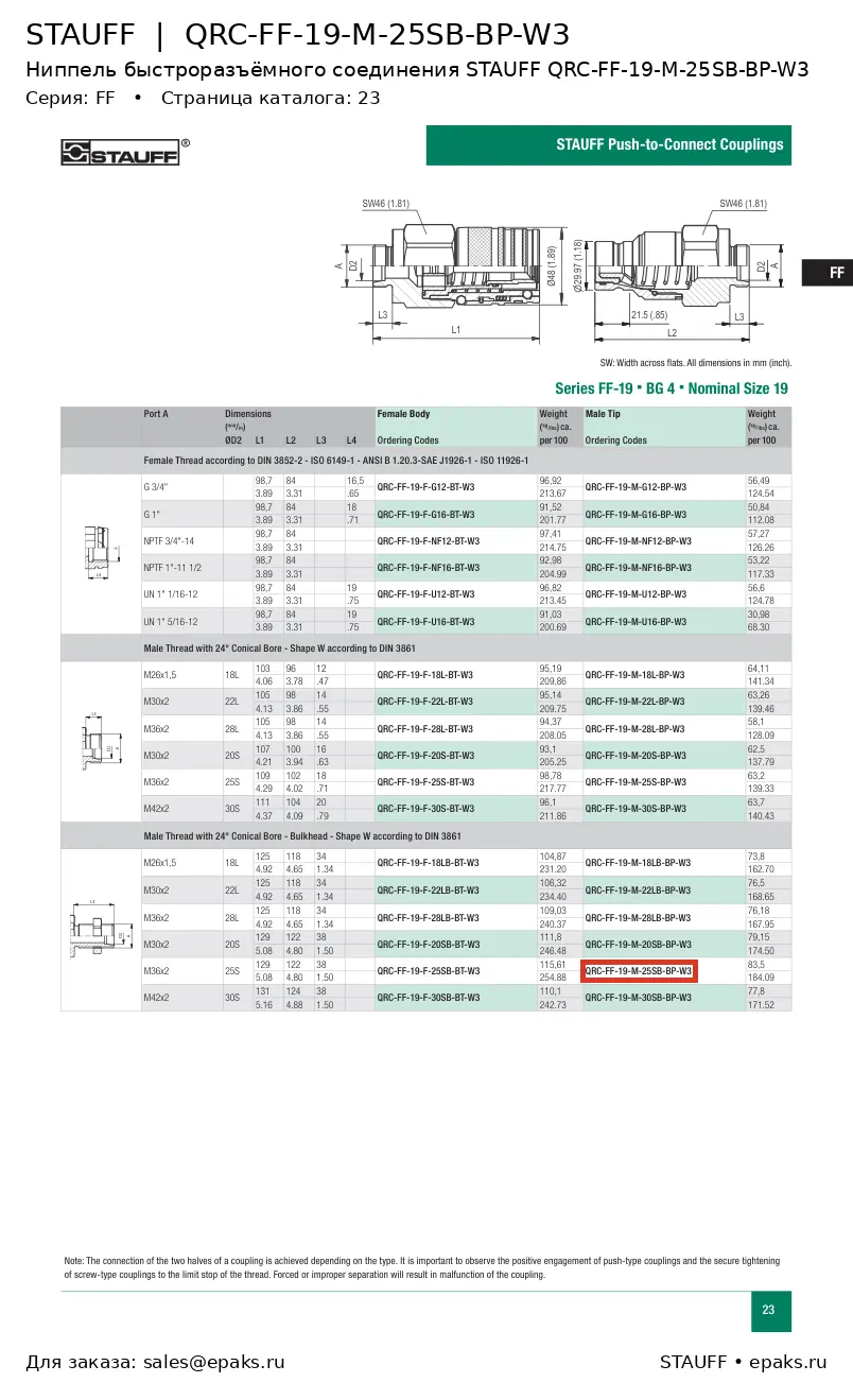 STAUFF QRC-FF-19-M-25SB-BP-W3