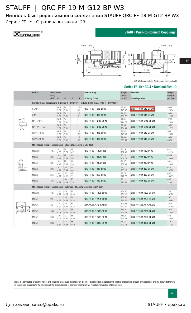 STAUFF QRC-FF-19-M-G12-BP-W3