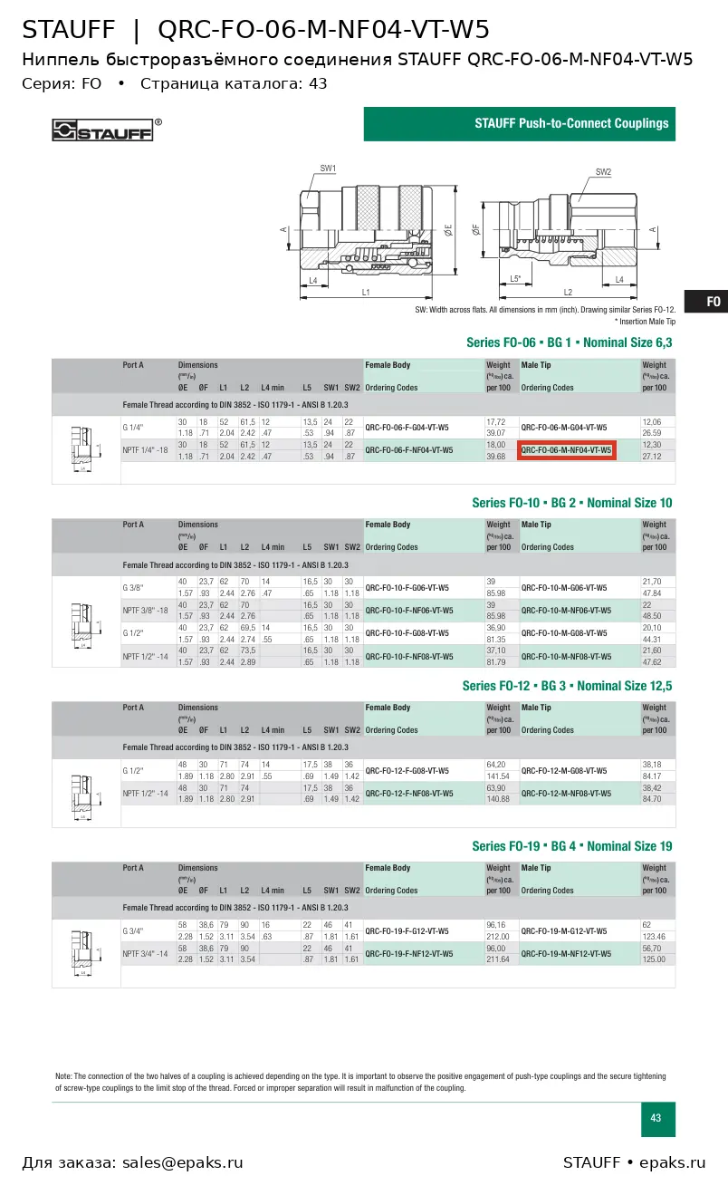 STAUFF QRC-FO-06-M-NF04-VT-W5