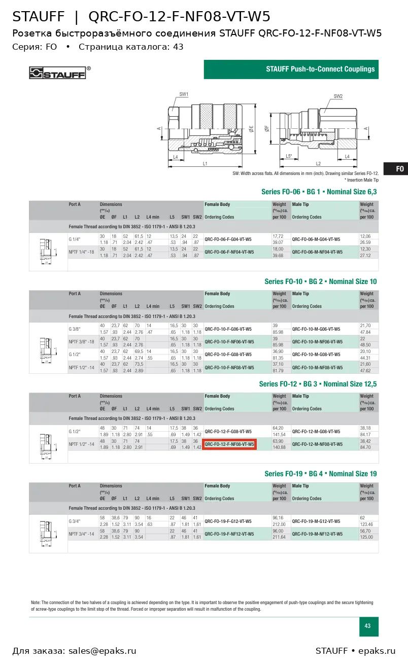 STAUFF QRC-FO-12-F-NF08-VT-W5