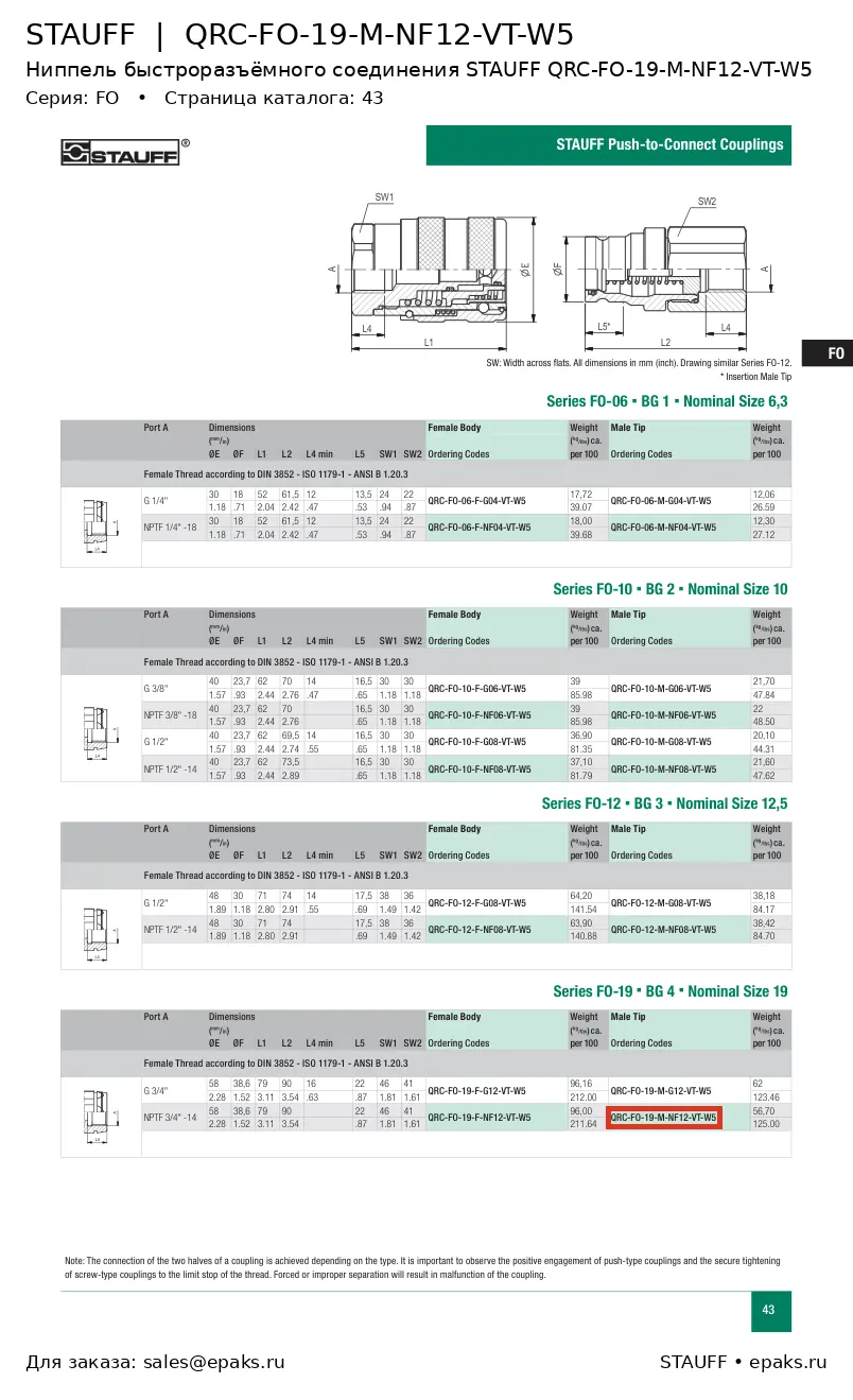 STAUFF QRC-FO-19-M-NF12-VT-W5