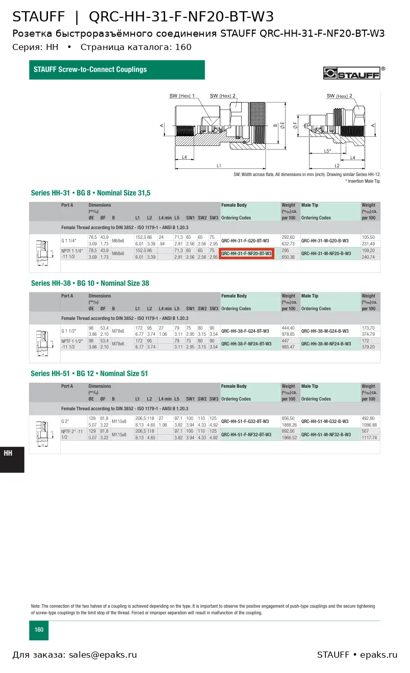 STAUFF QRC-HH-31-F-NF20-BT-W3