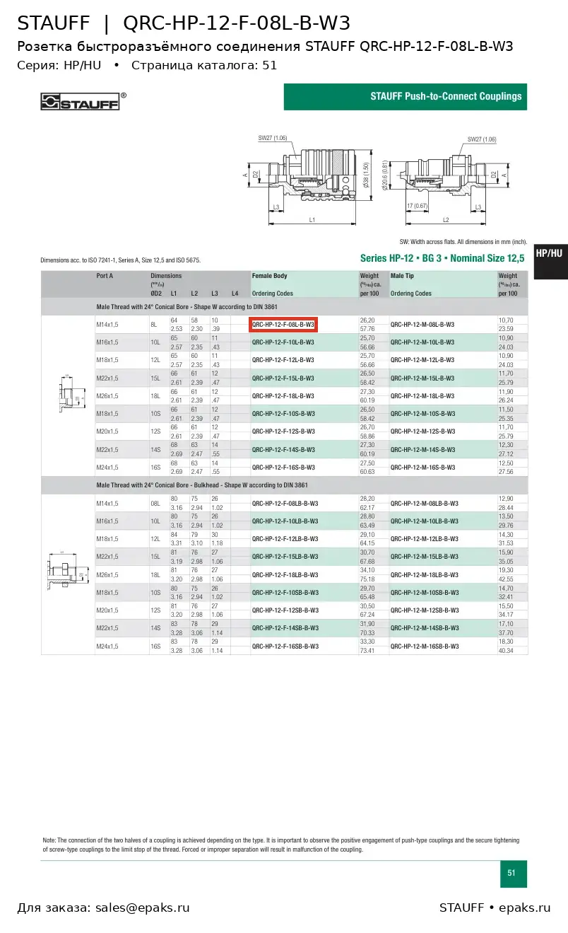 STAUFF QRC-HP-12-F-08L-B-W3