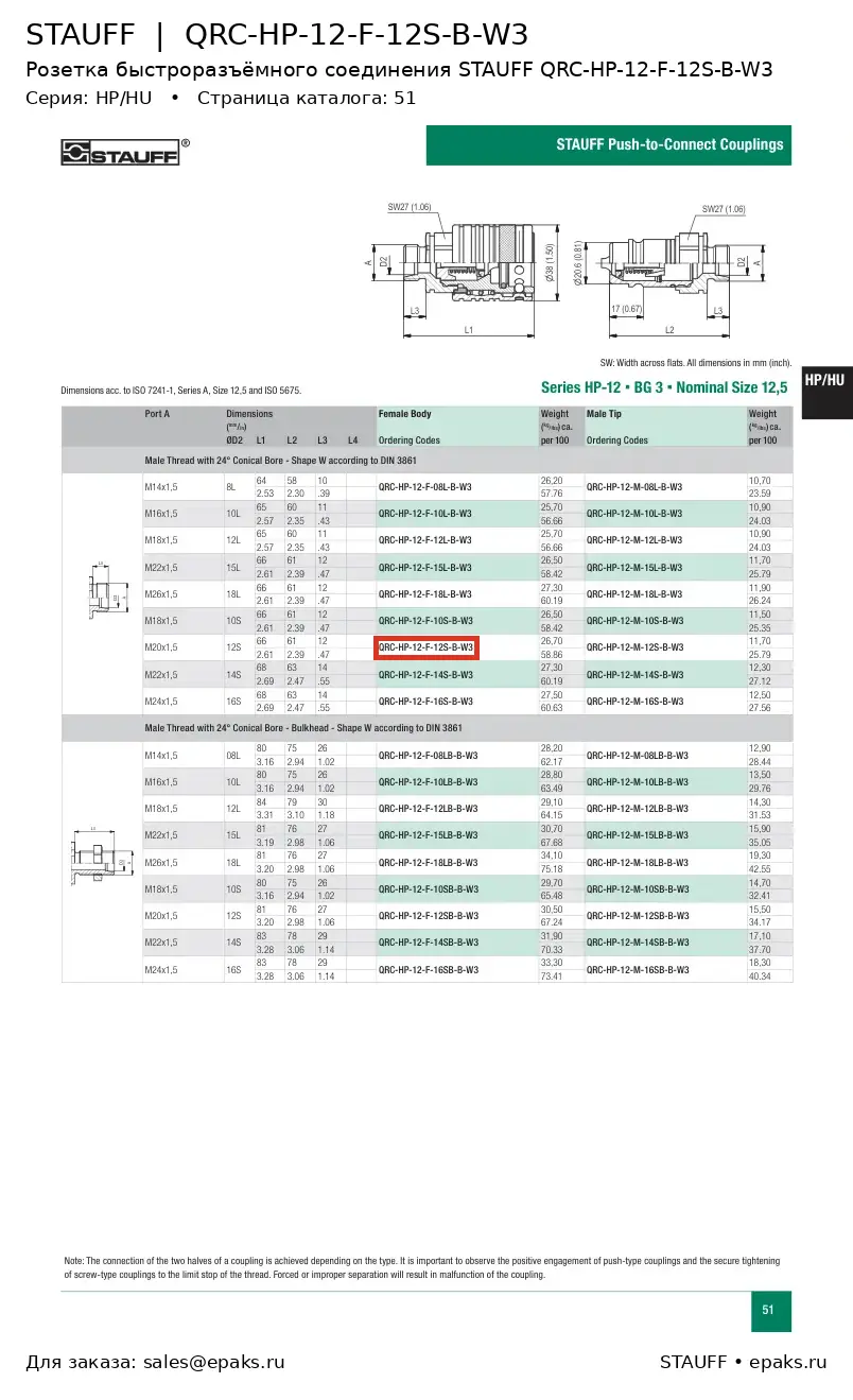 STAUFF QRC-HP-12-F-12S-B-W3