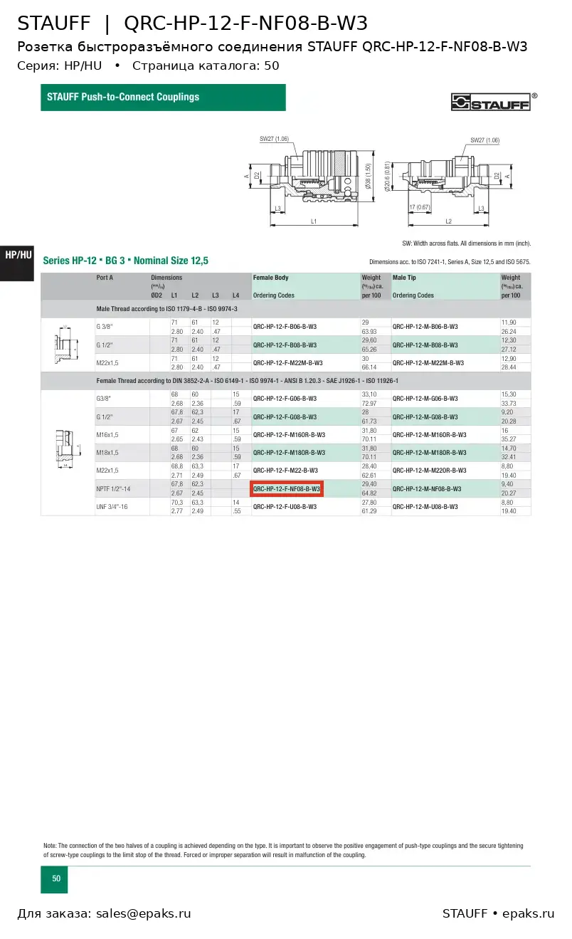 STAUFF QRC-HP-12-F-NF08-B-W3