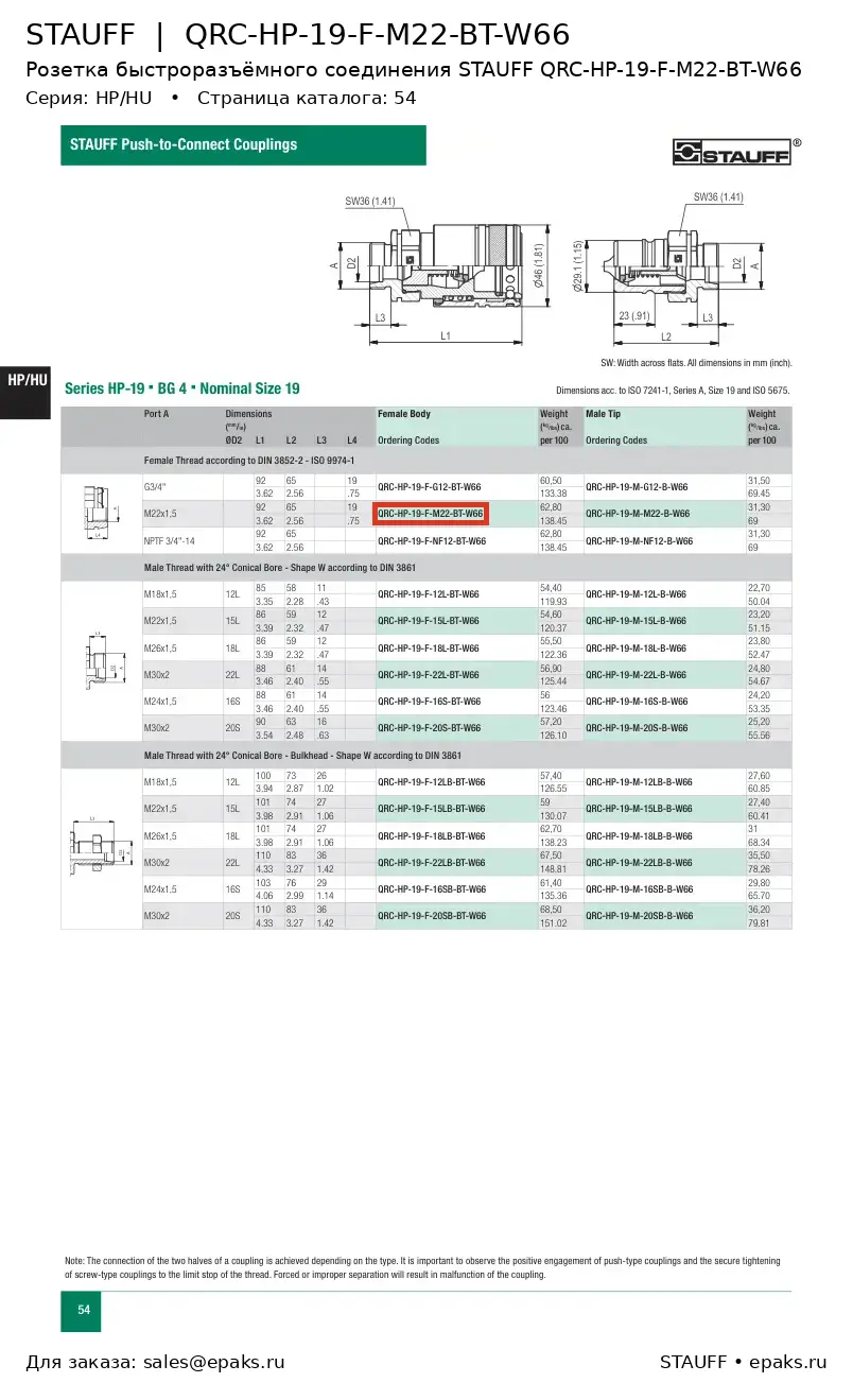 STAUFF QRC-HP-19-F-M22-BT-W66