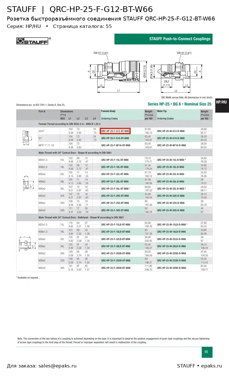 STAUFF QRC-HP-25-F-G12-BT-W66