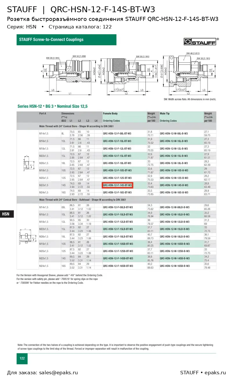 STAUFF QRC-HSN-12-F-14S-BT-W3