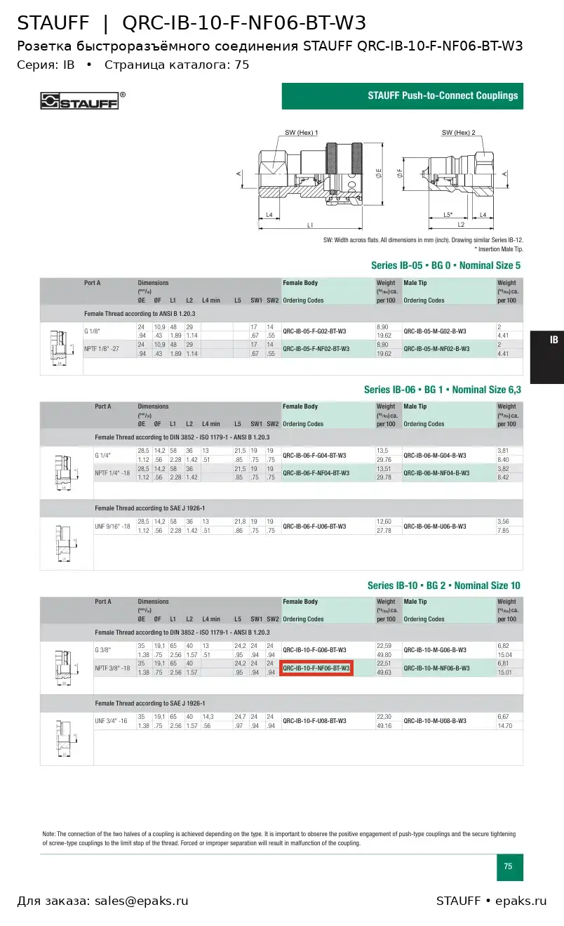 STAUFF QRC-IB-10-F-NF06-BT-W3