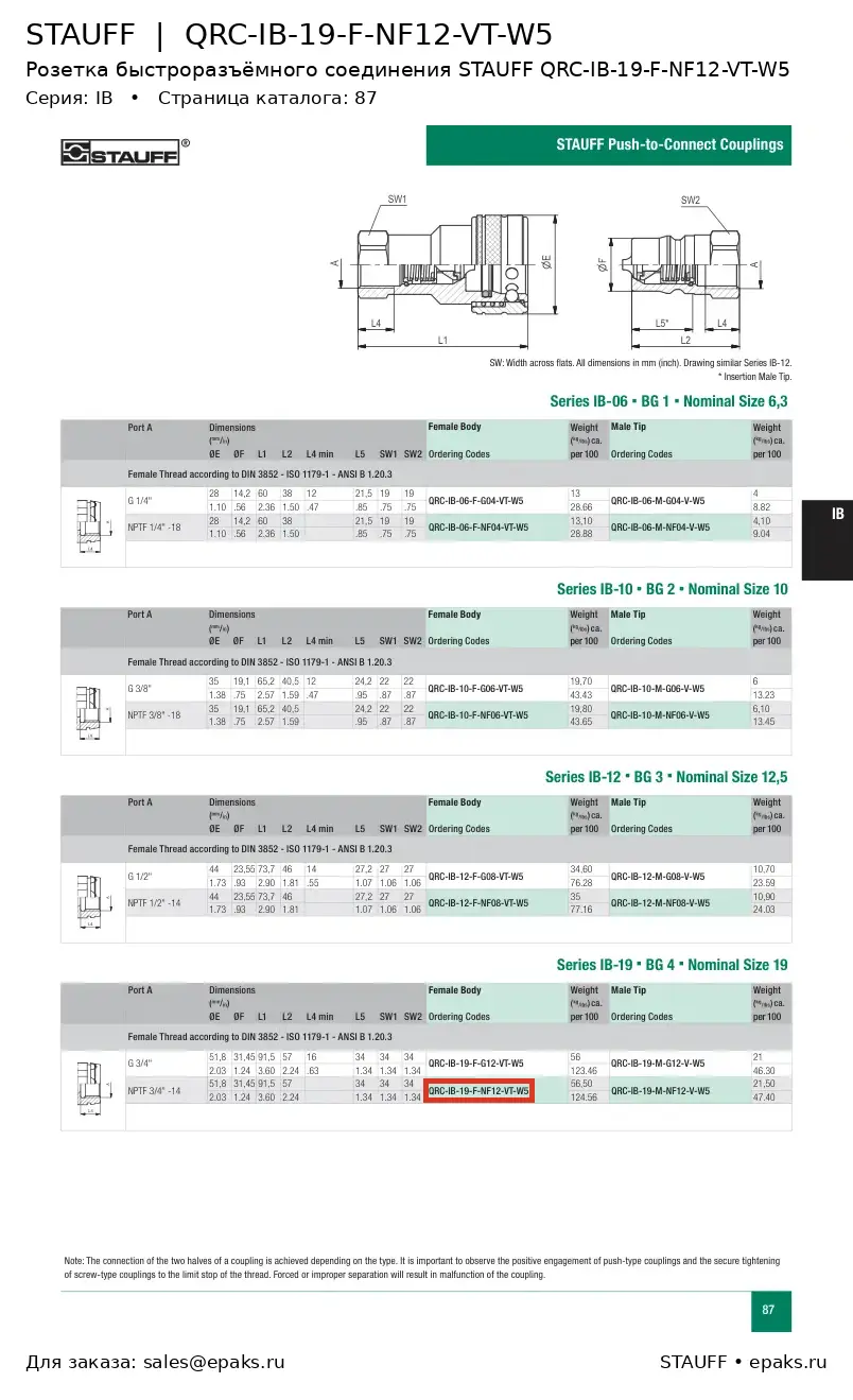 STAUFF QRC-IB-19-F-NF12-VT-W5